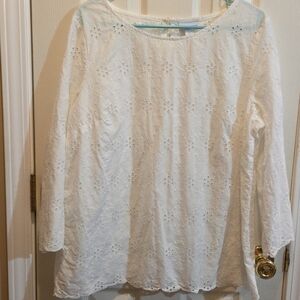 Liz Claiborne White Cotton Embroidered Blouse 3/4  Sleeves Size L